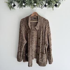 Talbots Plus Size Brown Metallic Cable Knit Button Down Sweater 2X